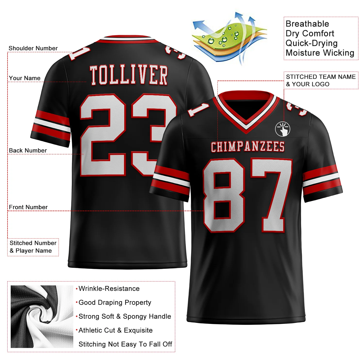 Custom Black White-Red Authentic Football Jersey
