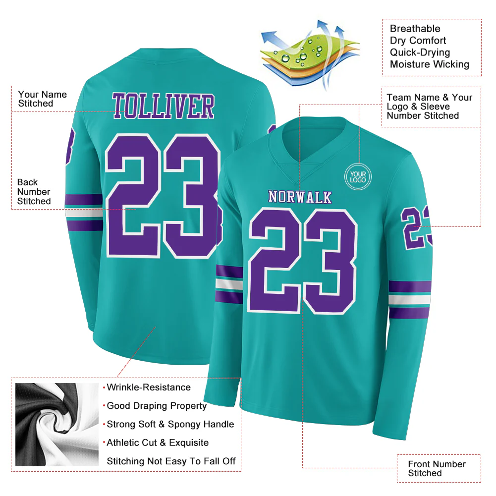 Custom Aqua Purple-White Long Sleeve Authentic Football Jersey