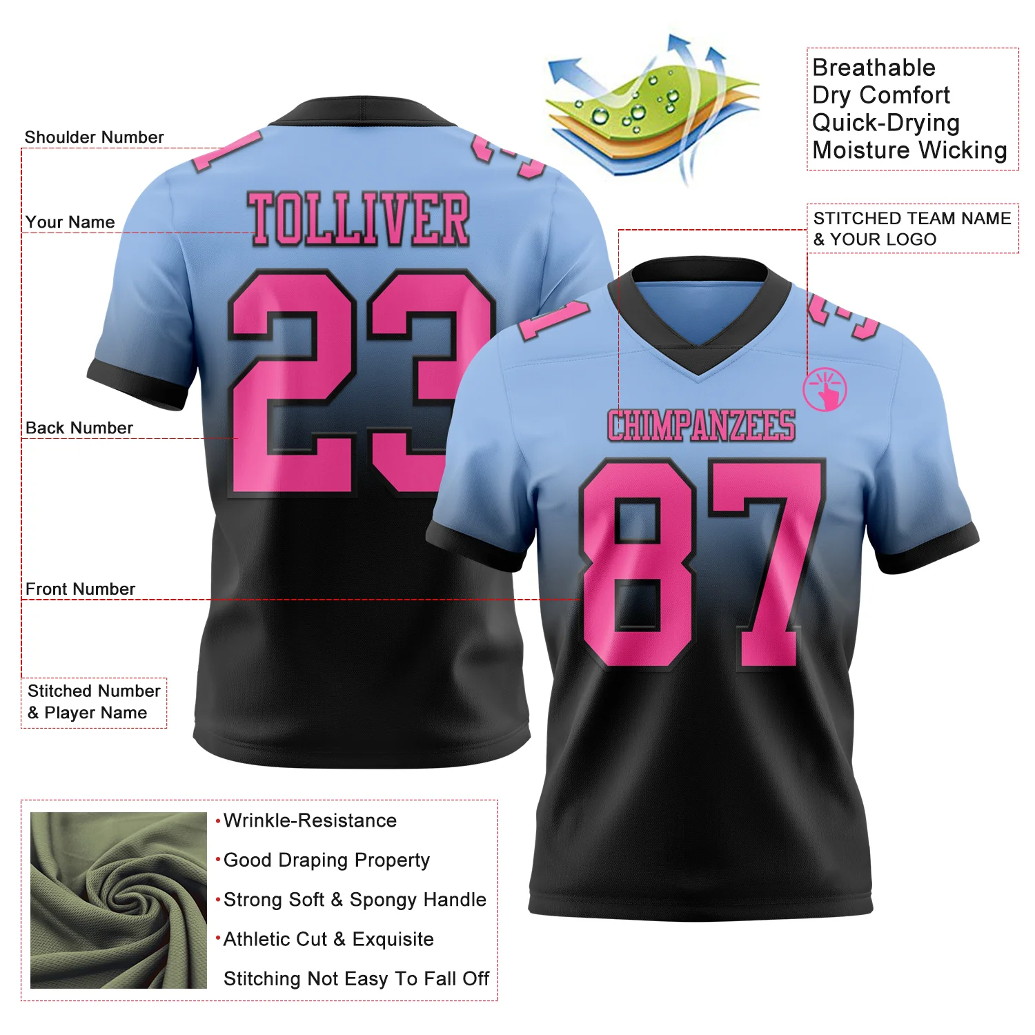 Custom Light Blue Pink-Black Authentic Fade Fashion Football Jersey