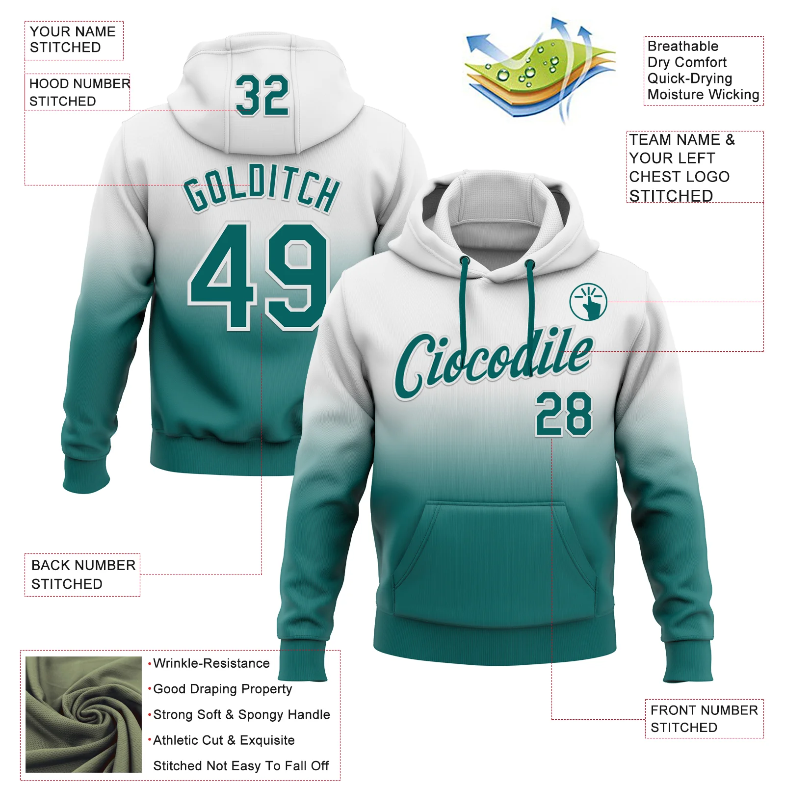 Custom Stitched White Teal Fade Fashion Sports Pullover Sweatshirt Hoodie