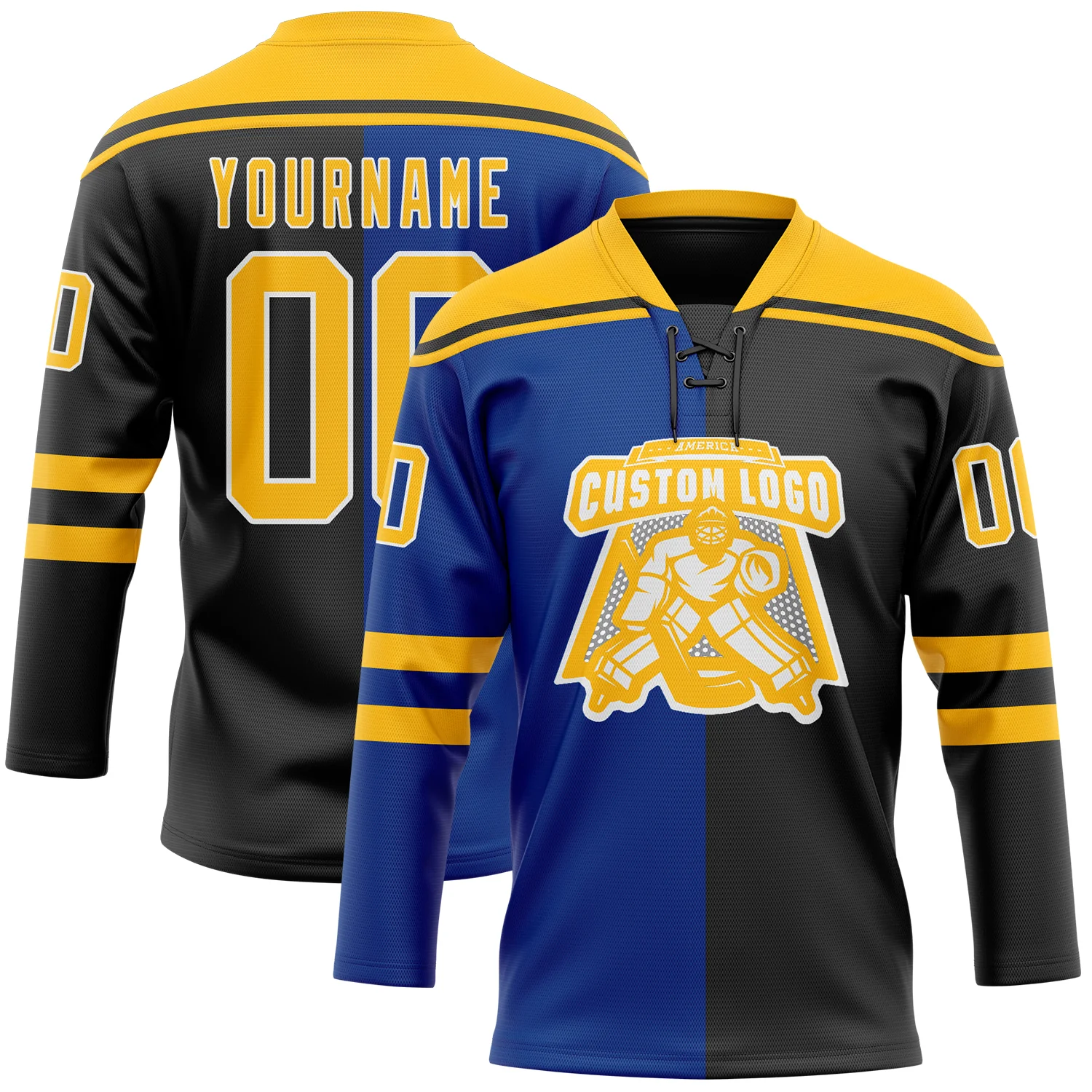 Custom Black Gold Royal-White Split Fashion Hockey Lace Neck Jersey