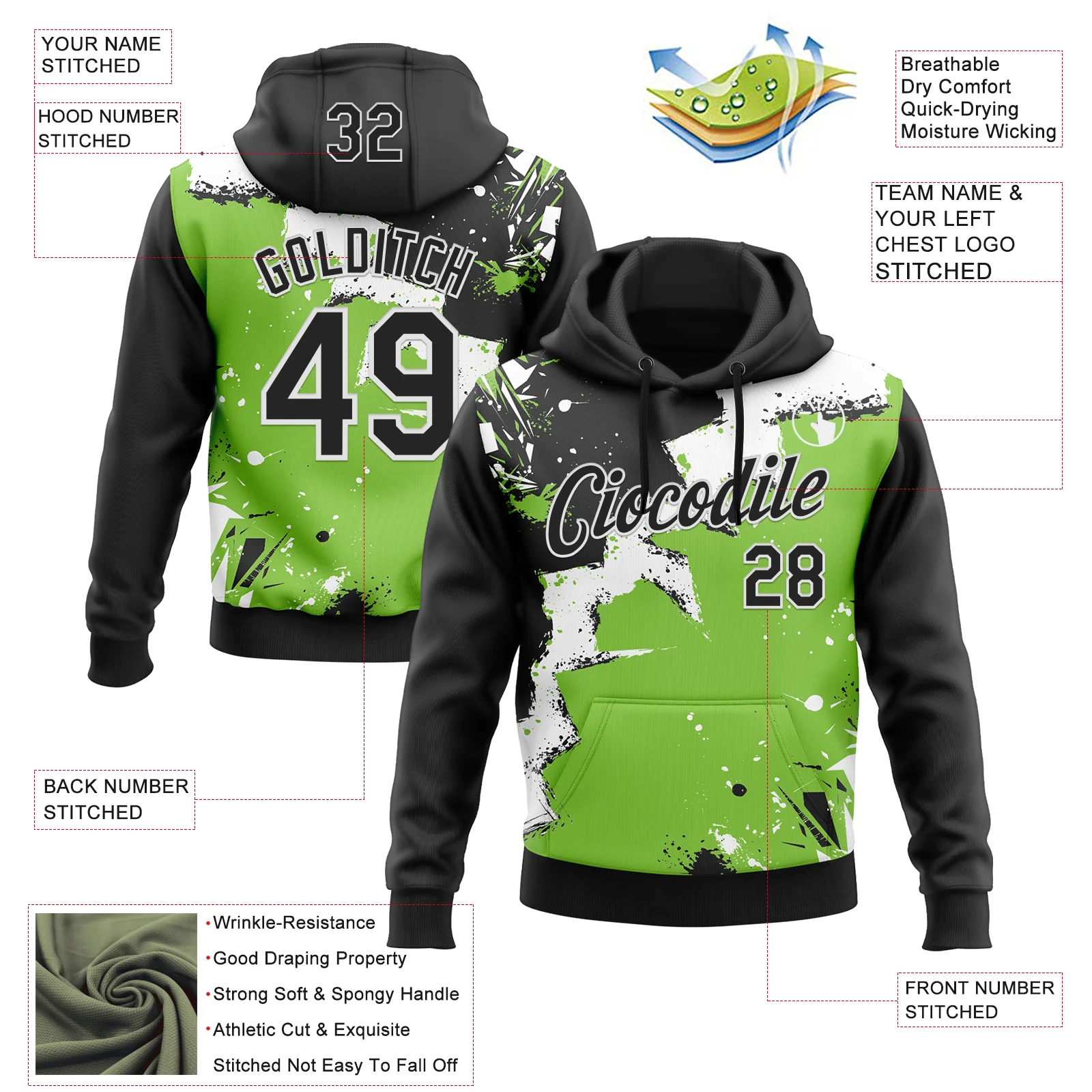 Custom Stitched Black Neon Green-White 3D Pattern Design Splash Torn Paper Style Sports Pullover Sweatshirt Hoodie