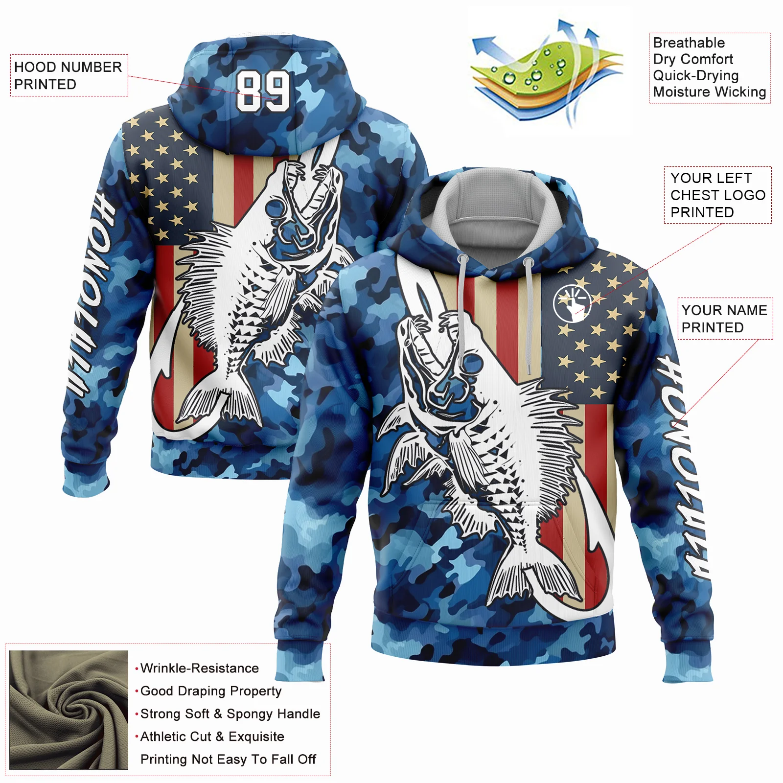 Custom Camo White-Black 3D American Flag And Fish Hook Skull Fishing Sports Pullover Sweatshirt Salute To Service Hoodie