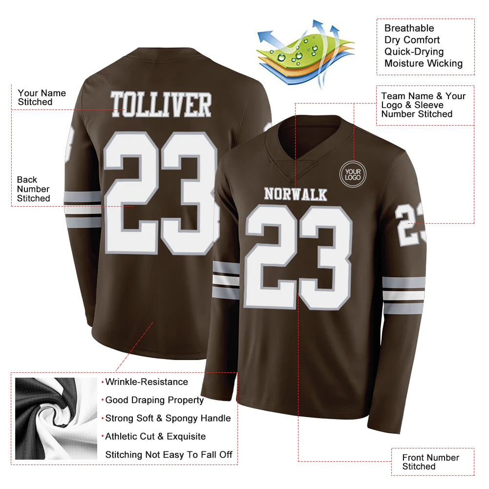 Custom Brown White-Gray Long Sleeve Authentic Football Jersey