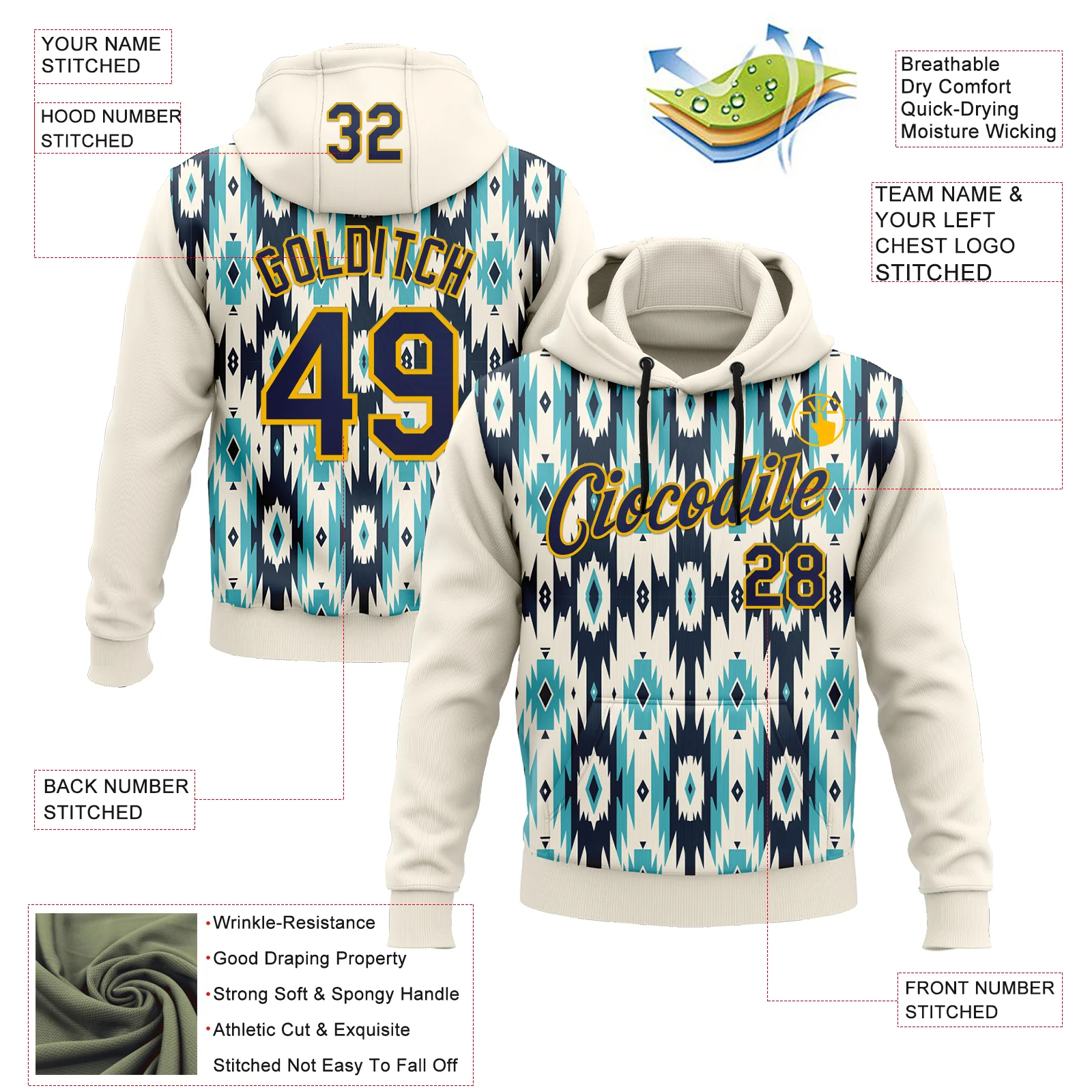 Custom Stitched Cream Navy-Gold 3D Pattern Design Tribal Ethnic Native American Sports Pullover Sweatshirt Hoodie