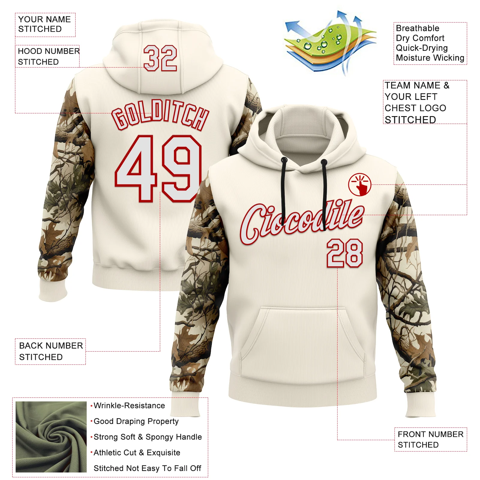 Custom Stitched Cream White-Red 3D Pattern Design Tree Camo Hunting Sports Pullover Sweatshirt Hoodie