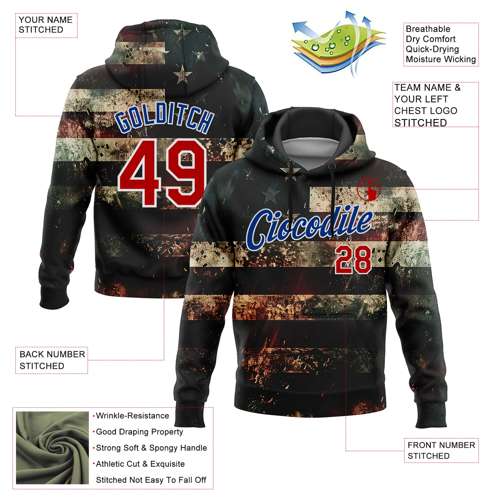 Custom Stitched Black Red Royal-White 3D American Flag Retro Distressed Grunge Sports Pullover Sweatshirt Hoodie