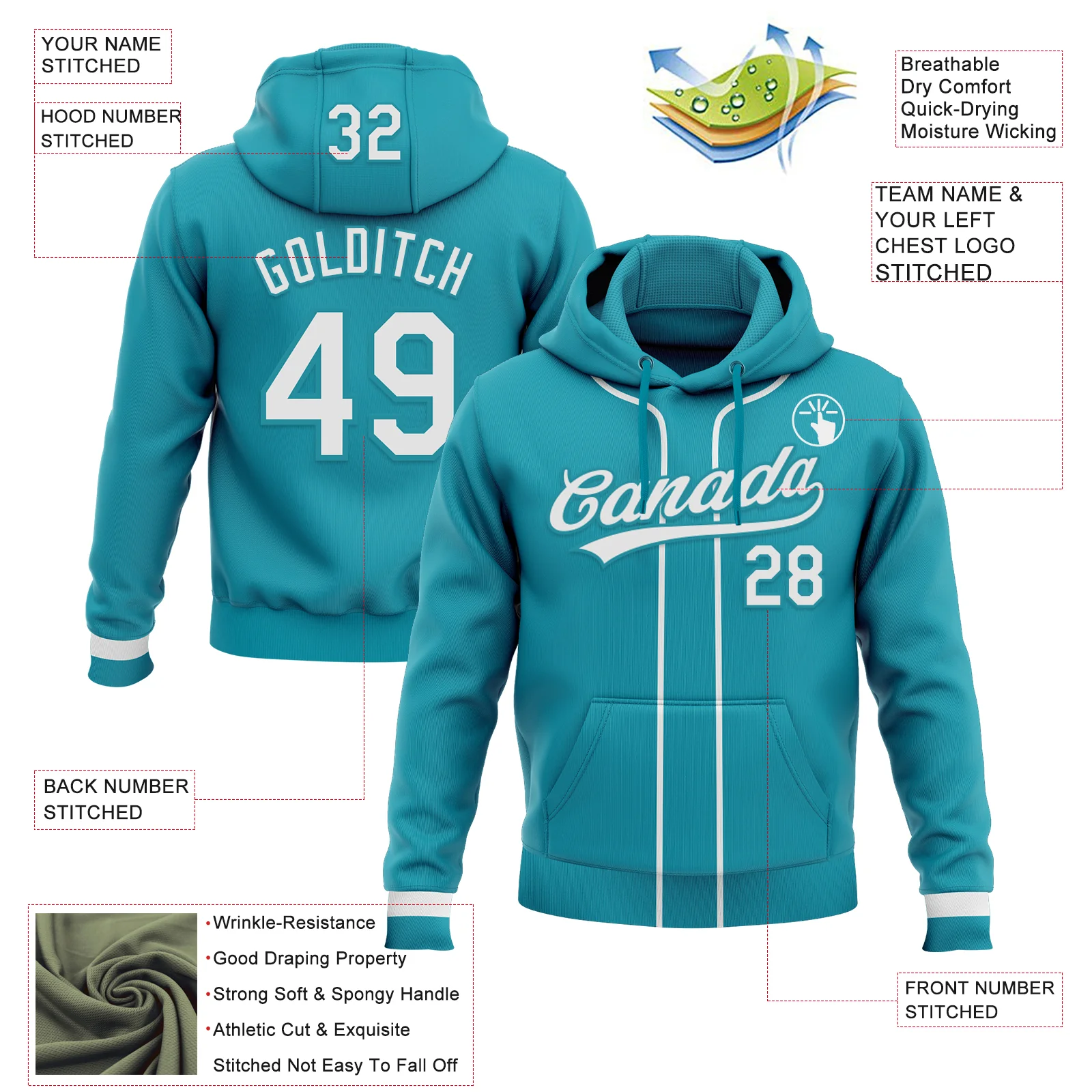 Custom Stitched Teal White-Teal Baseball Pullover Sweatshirt Hoodie