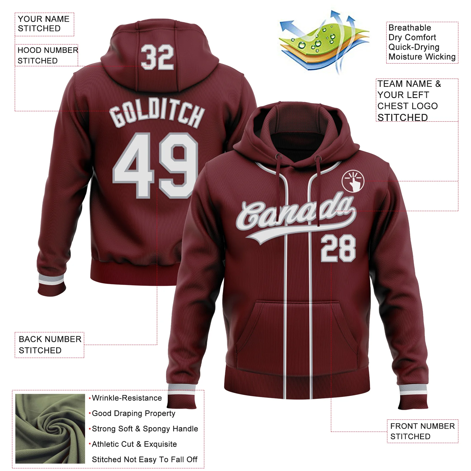 Custom Stitched Burgundy White-Gray Baseball Pullover Sweatshirt Hoodie