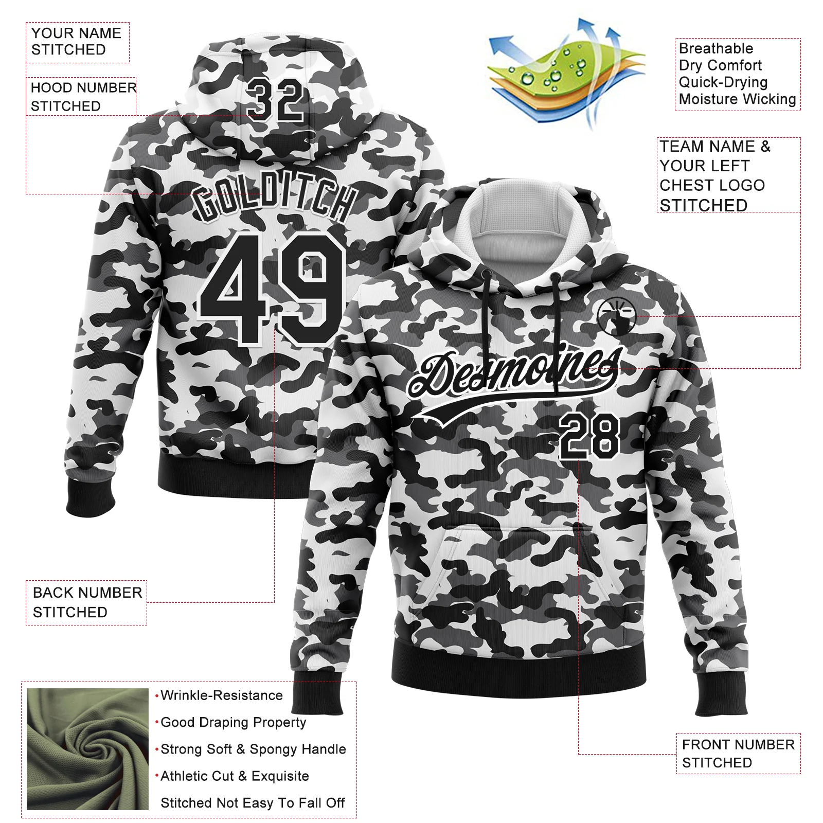 Custom Stitched Camo Black-White 3D Sports Pullover Sweatshirt Salute To Service Hoodie