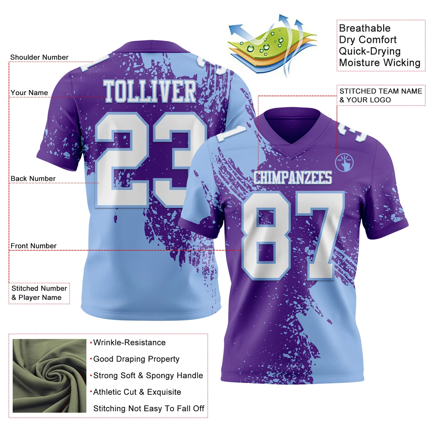 Custom Purple White-Light Blue 3D Pattern Abstract Brush Stroke Authentic Football Jersey