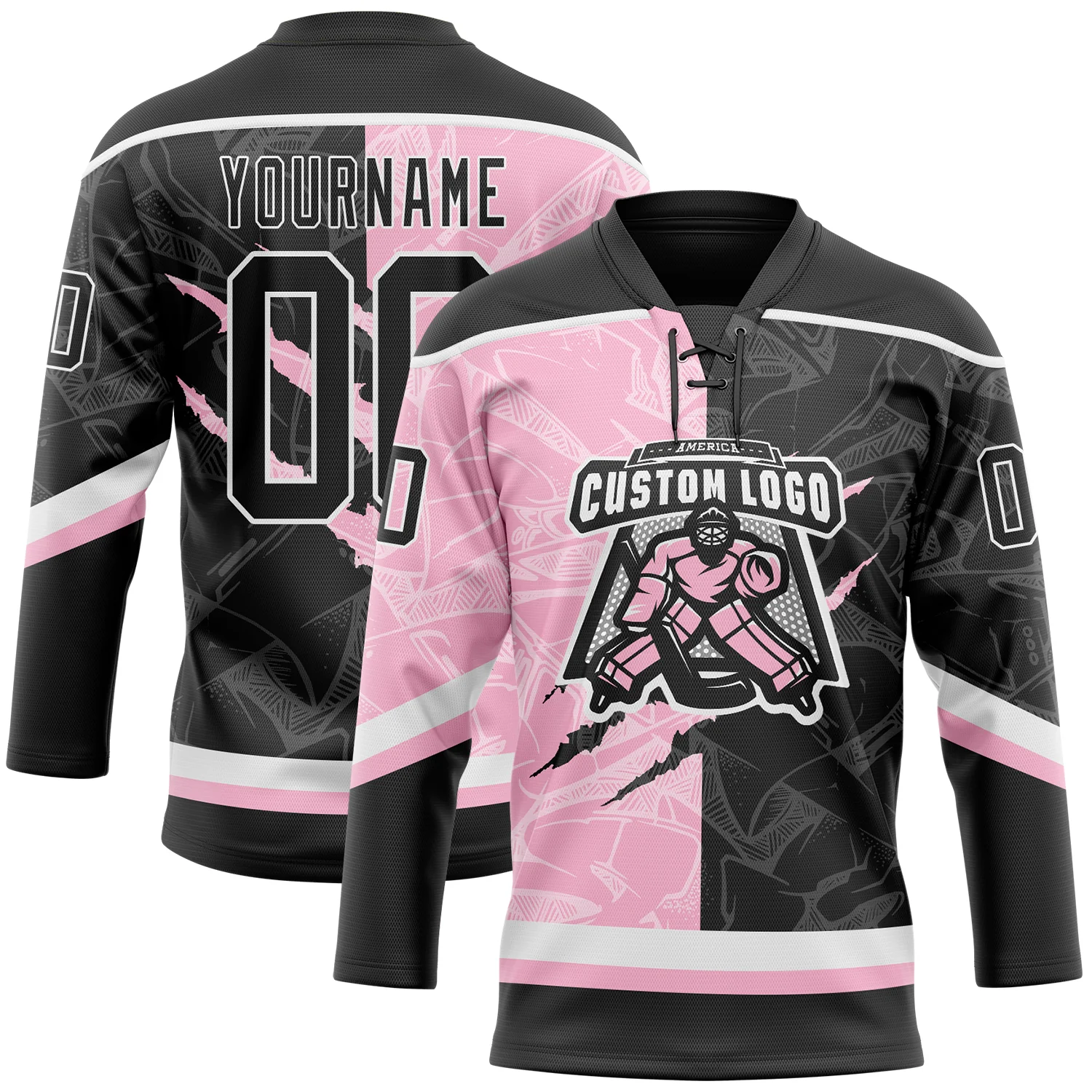Custom Black Light Pink-White 3D Pattern Gradient Fashion Scratch Hockey Lace Neck Jersey