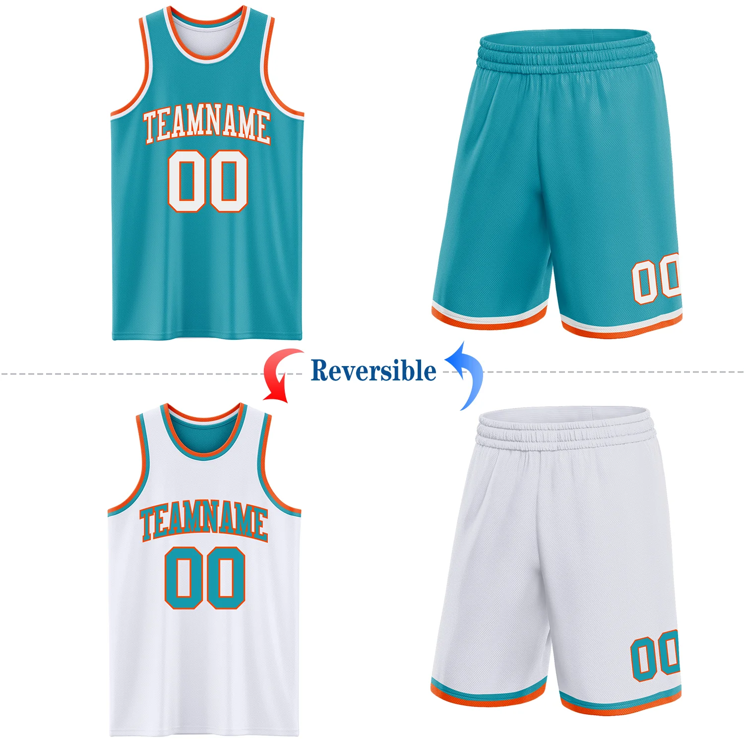 Custom Reversible Teal White-Orange Double Side Sublimation Basketball Suit Jersey