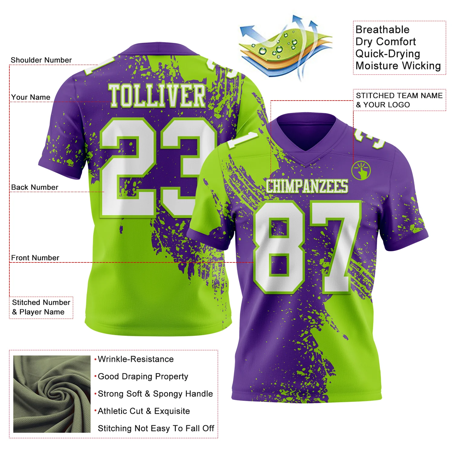 Custom Purple White-Neon Green 3D Pattern Abstract Brush Stroke Authentic Football Jersey