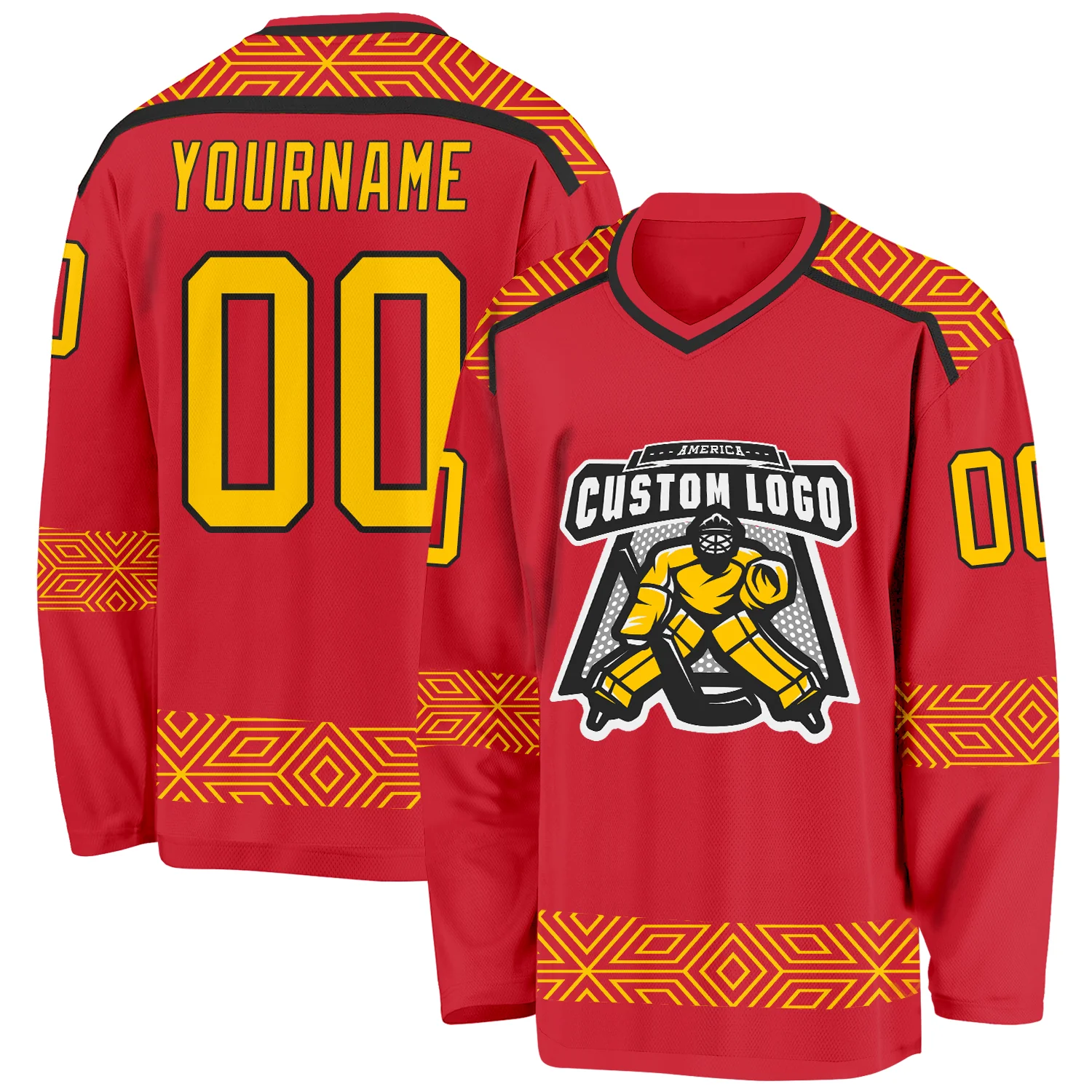 Custom Red Yellow-Black 3D Pattern Plaid Hockey Jersey