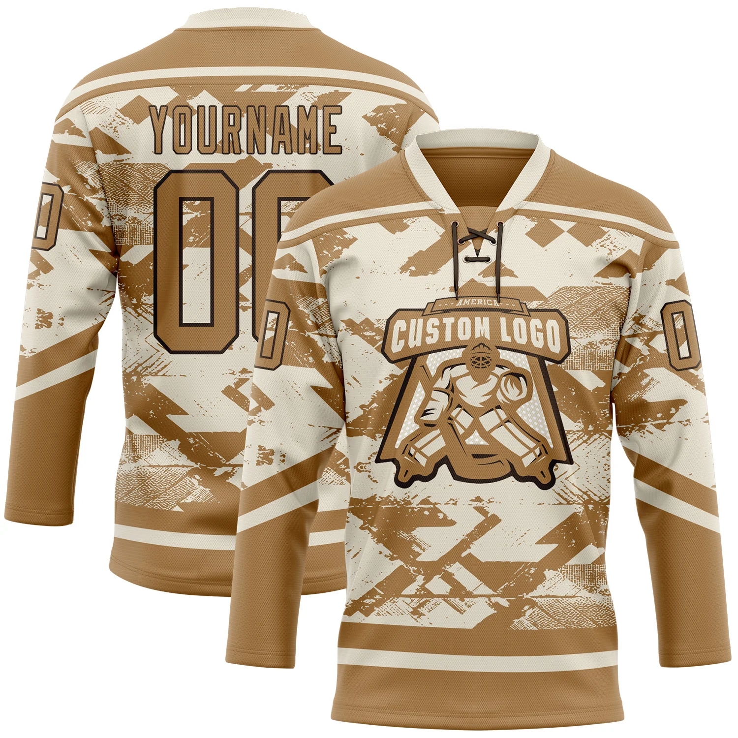 Custom Cream Old Gold-Brown 3D Pattern Tribal Indigenous Grunge Splash Hockey Lace Neck Jersey