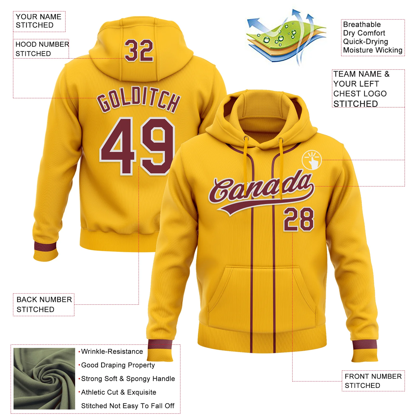 Custom Stitched Gold Burgundy-White Baseball Pullover Sweatshirt Hoodie