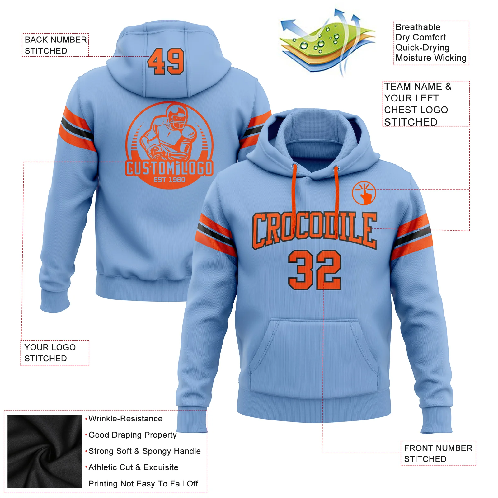 Custom Stitched Light Blue Orange-Black Football Pullover Sweatshirt Hoodie