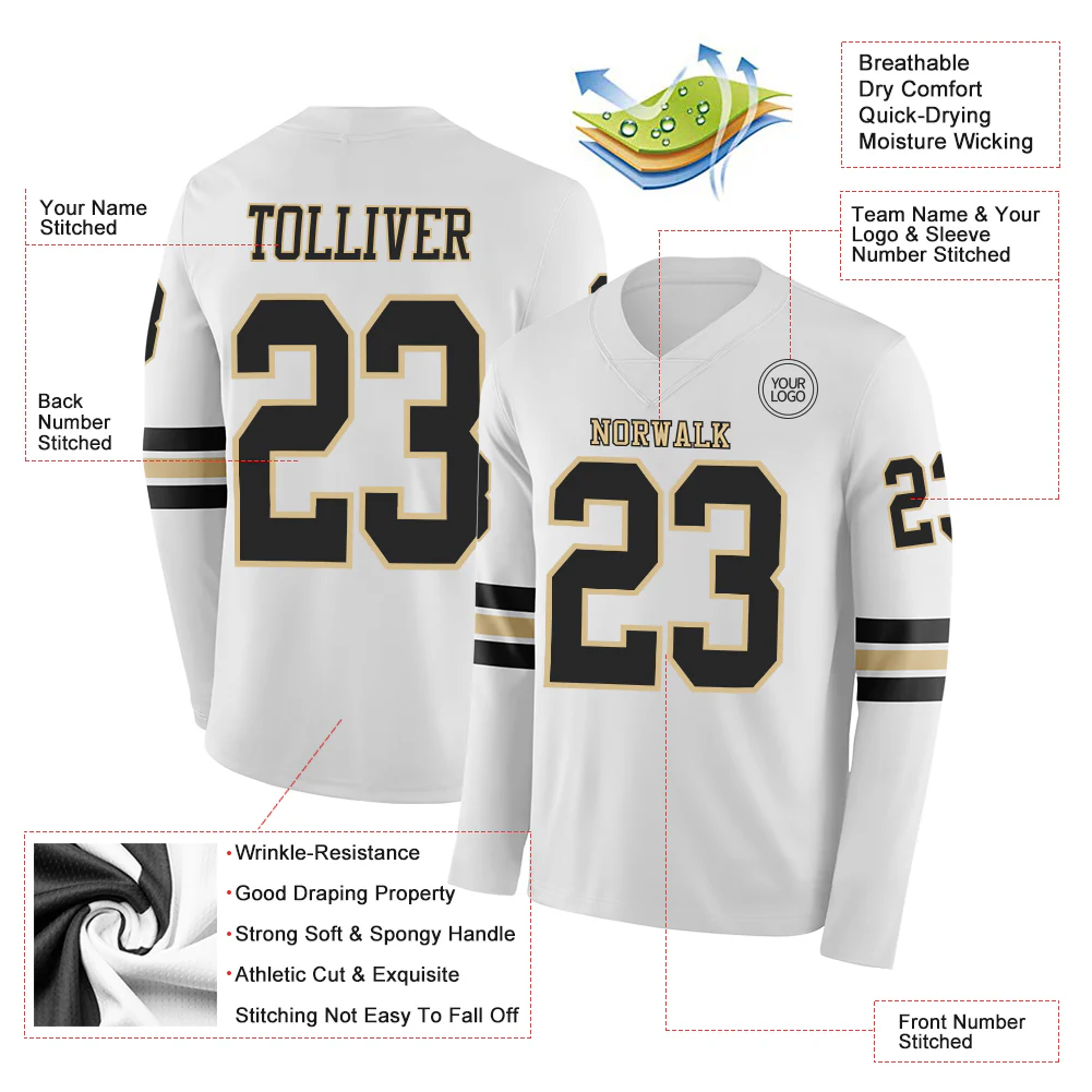 Custom White Black-Vegas Gold Long Sleeve Authentic Football Jersey