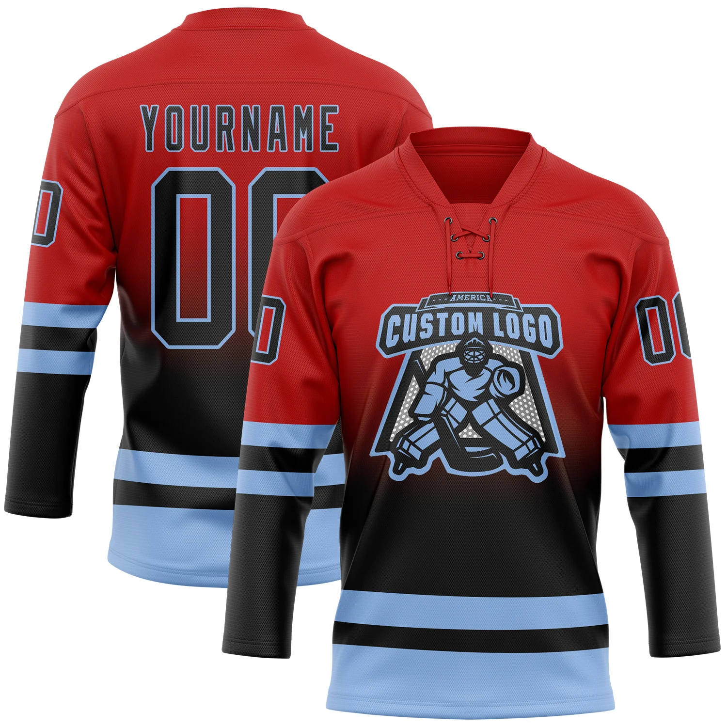 Custom Red Black-Light Blue Fade Fashion Hockey Lace Neck Jersey