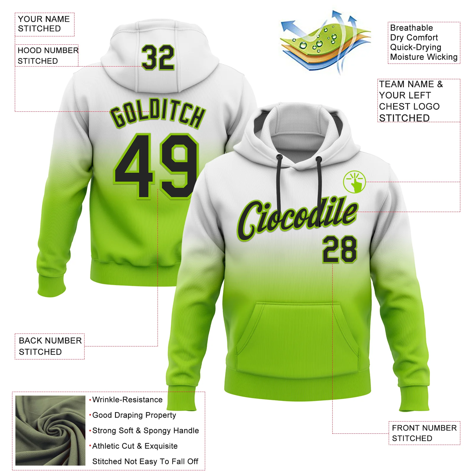 Custom Stitched White Black-Neon Green Fade Fashion Sports Pullover Sweatshirt Hoodie