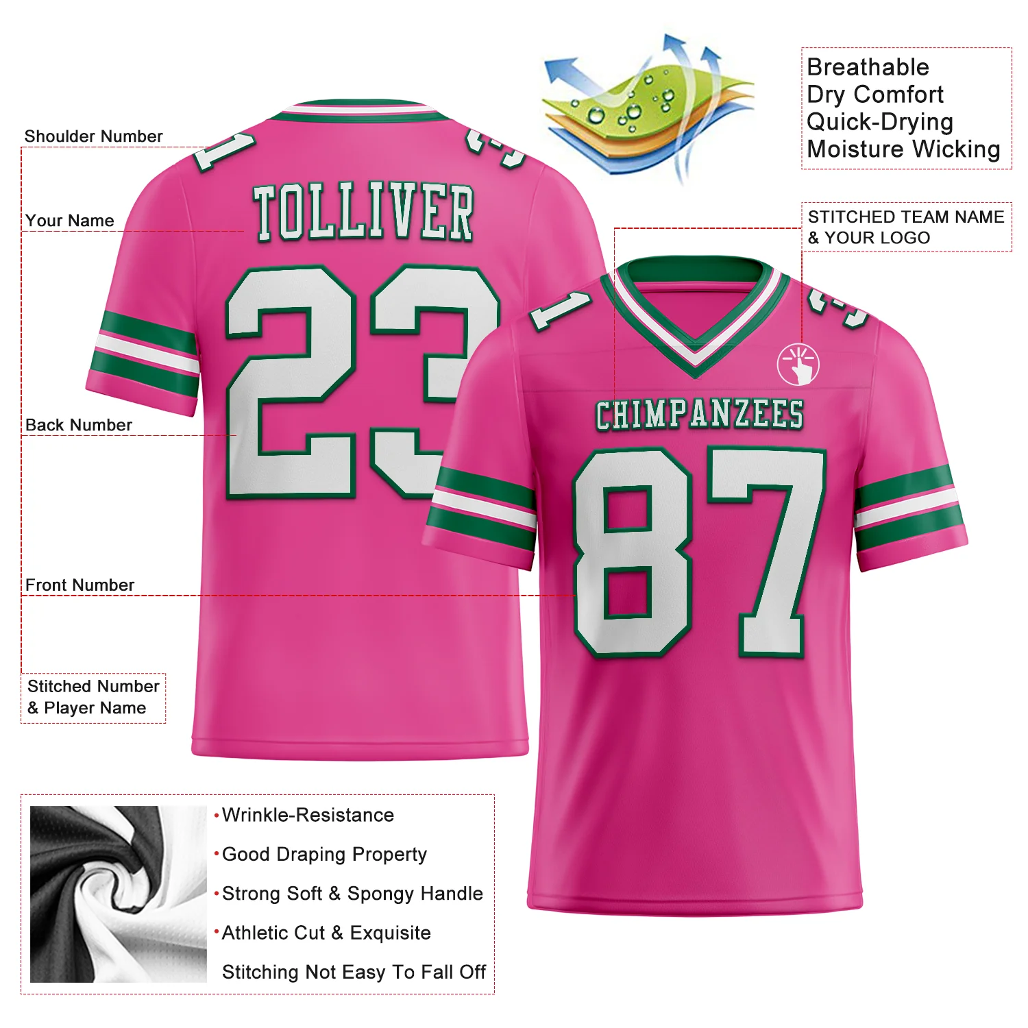 Custom Pink White-Kelly Green Authentic Football Jersey