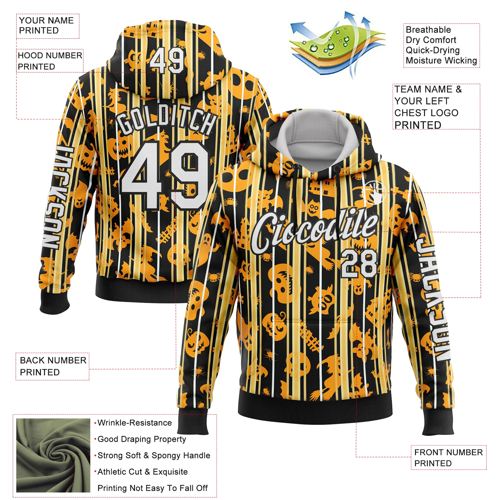 Custom Yellow White-Black 3D Halloween Pumpkin Spooky Stripe Sports Pullover Sweatshirt Hoodie