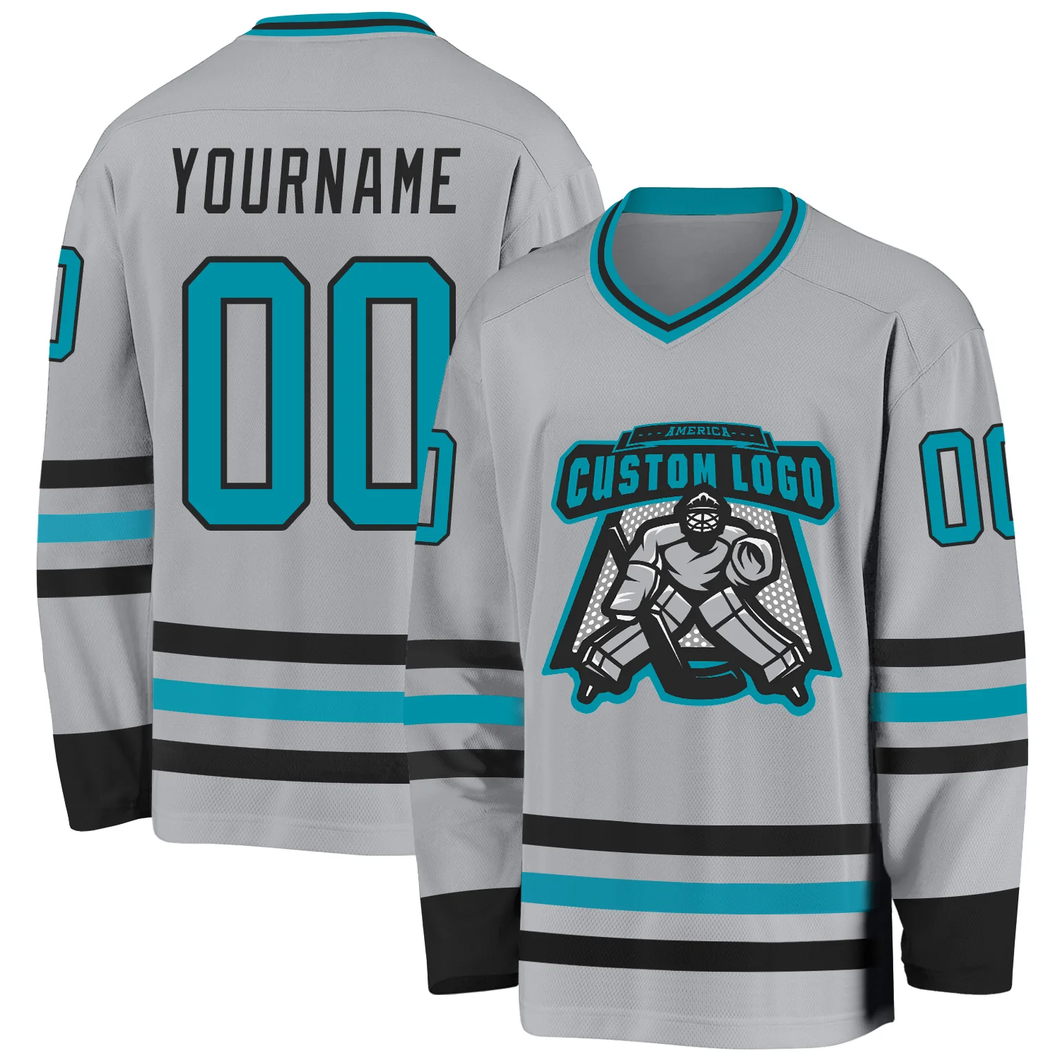 Custom Gray Teal-Black Hockey Jersey