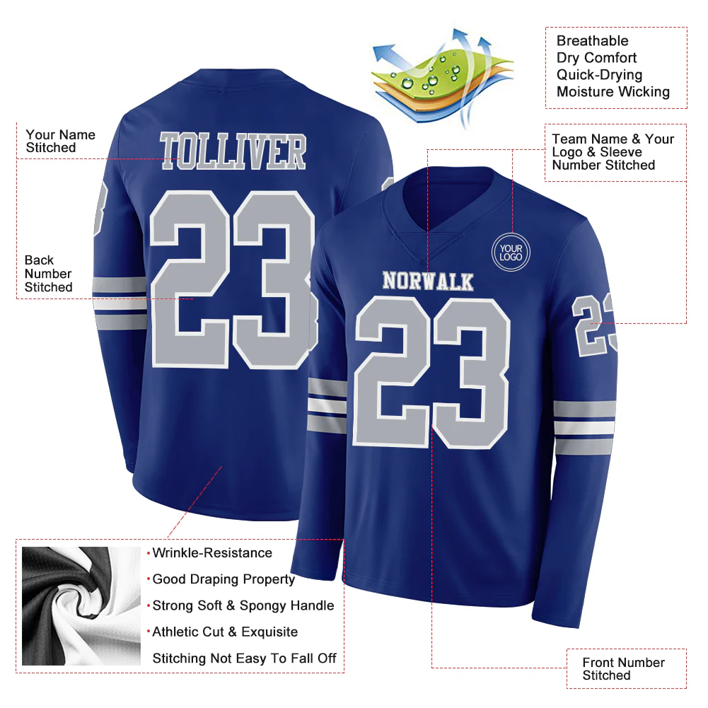 Custom Royal Gray-White Long Sleeve Authentic Football Jersey