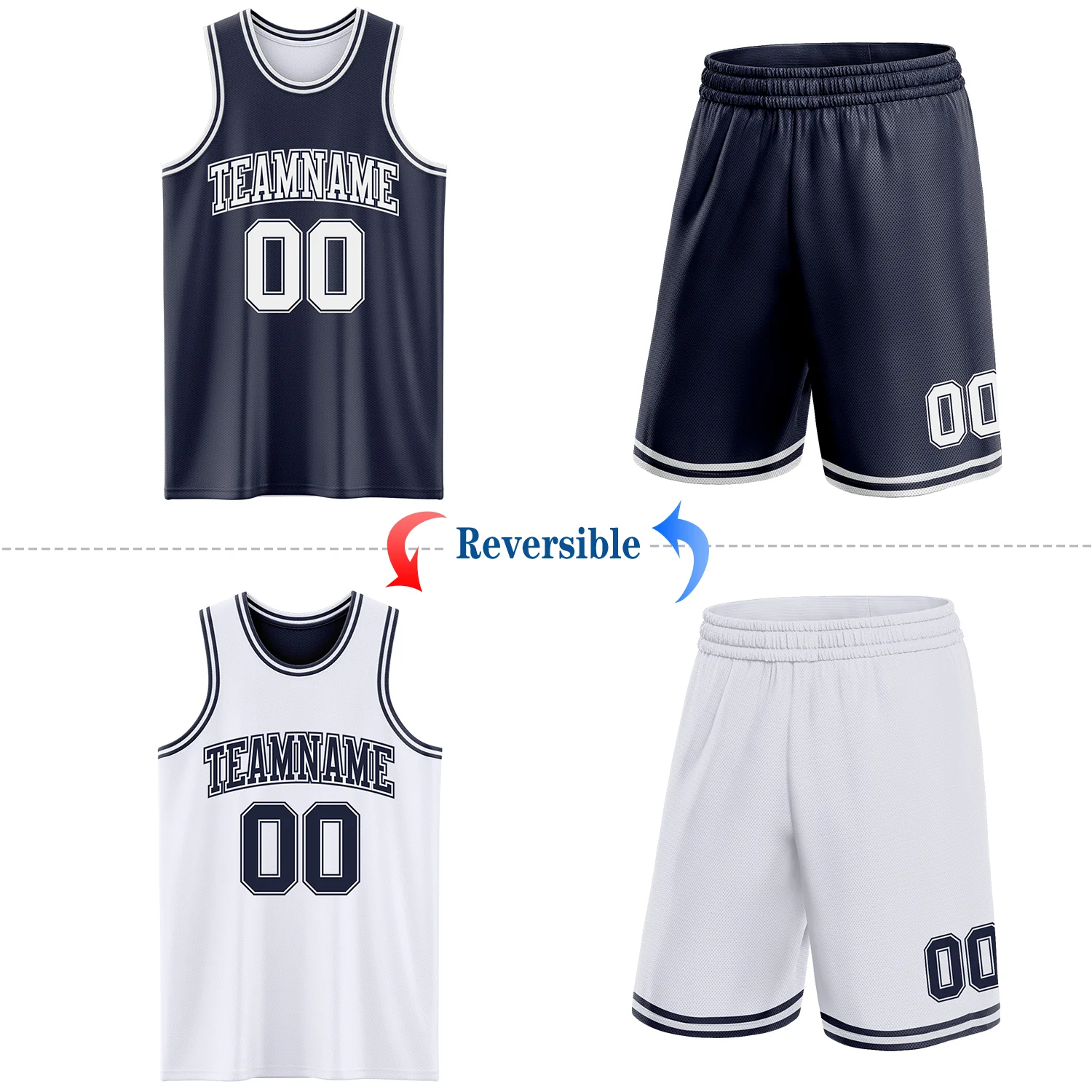 Custom Navy White Reversible Double Side Sublimation Basketball Suit Jersey