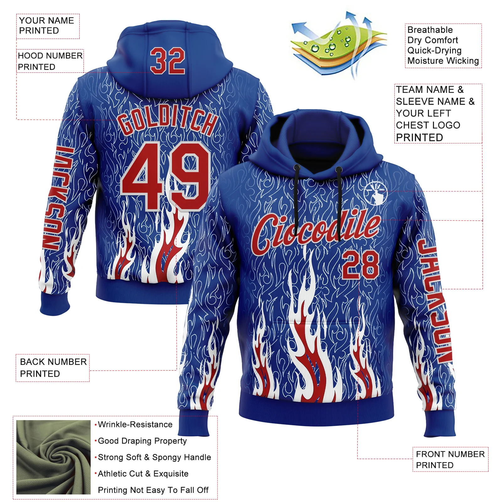 Custom Royal Red-White 3D Abstract Flame Sports Pullover Sweatshirt Hoodie