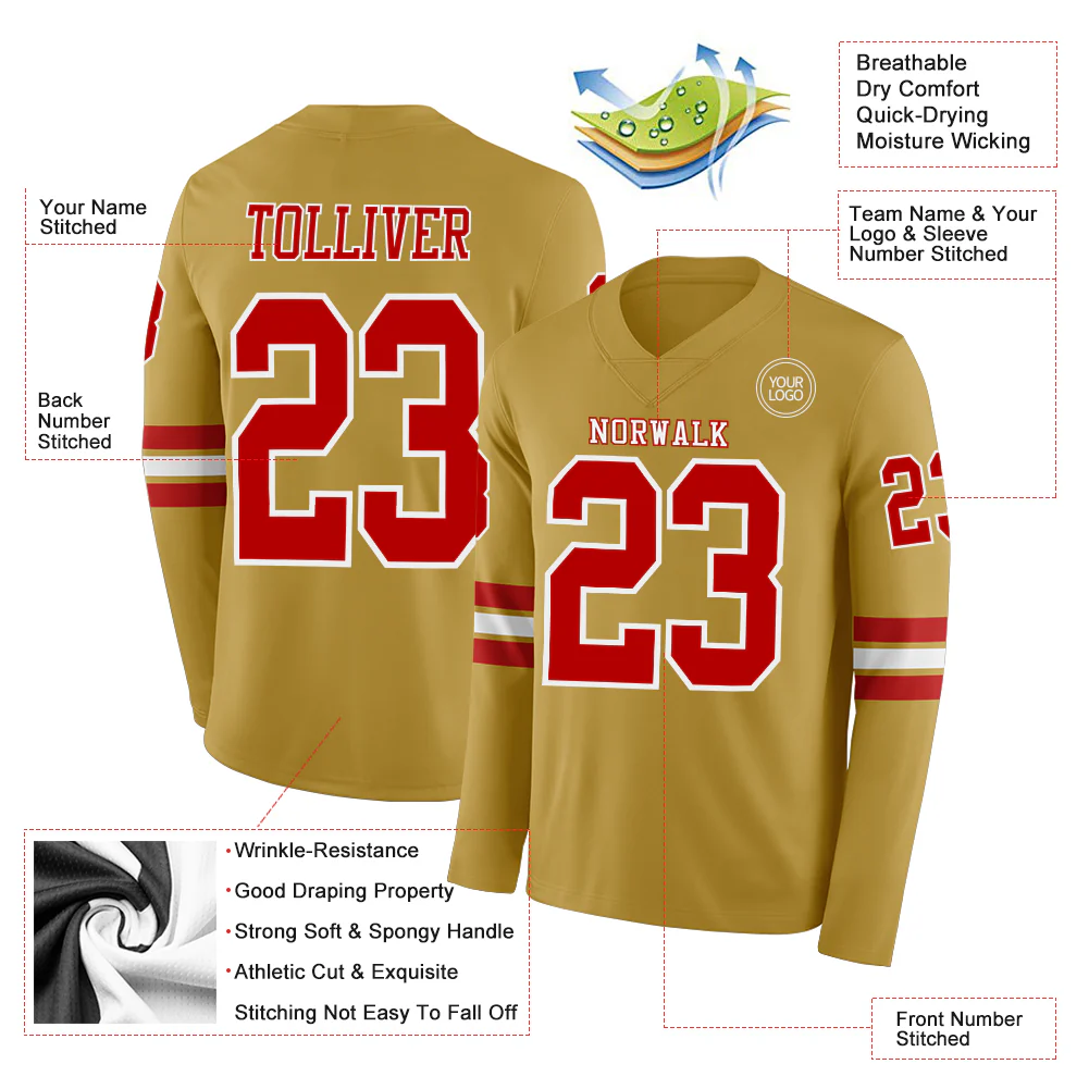 Custom Old Gold Red-White Long Sleeve Authentic Football Jersey
