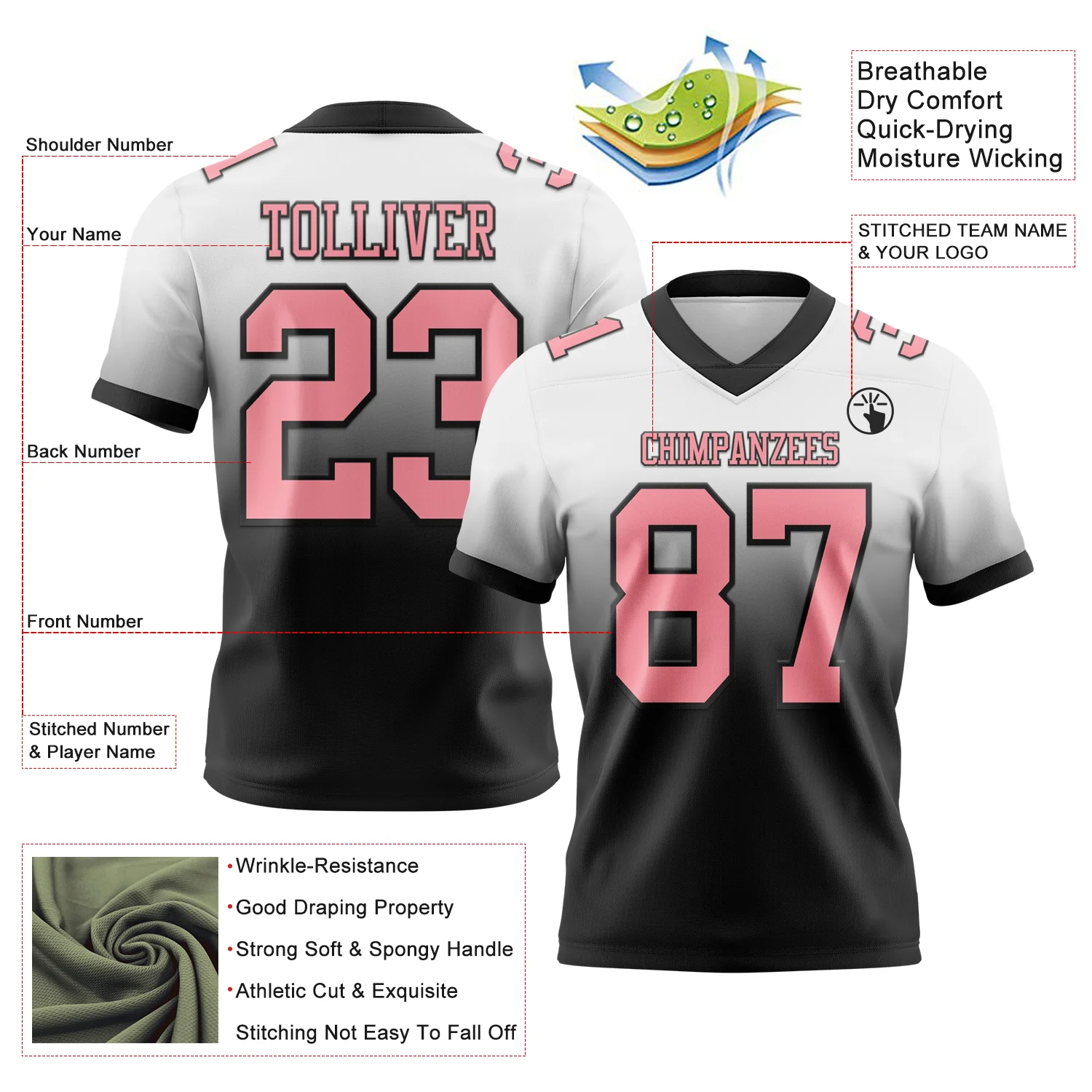 Custom White Medium Pink-Black Authentic Fade Fashion Football Jersey