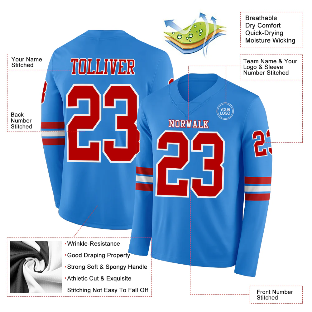 Custom Powder Blue Red-White Long Sleeve Authentic Football Jersey