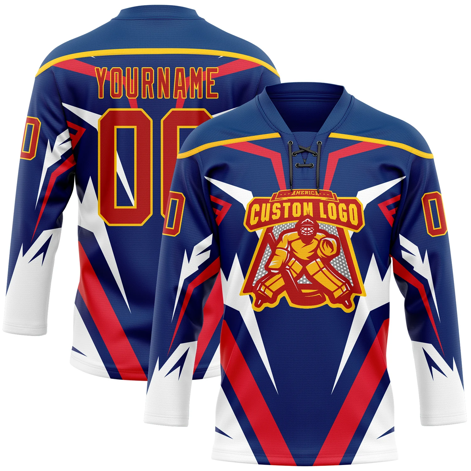Custom US Navy Blue Red Yellow-White 3D Abstract Pattern Graphic Cyber Mecha E-sport Hockey Lace Neck Jersey