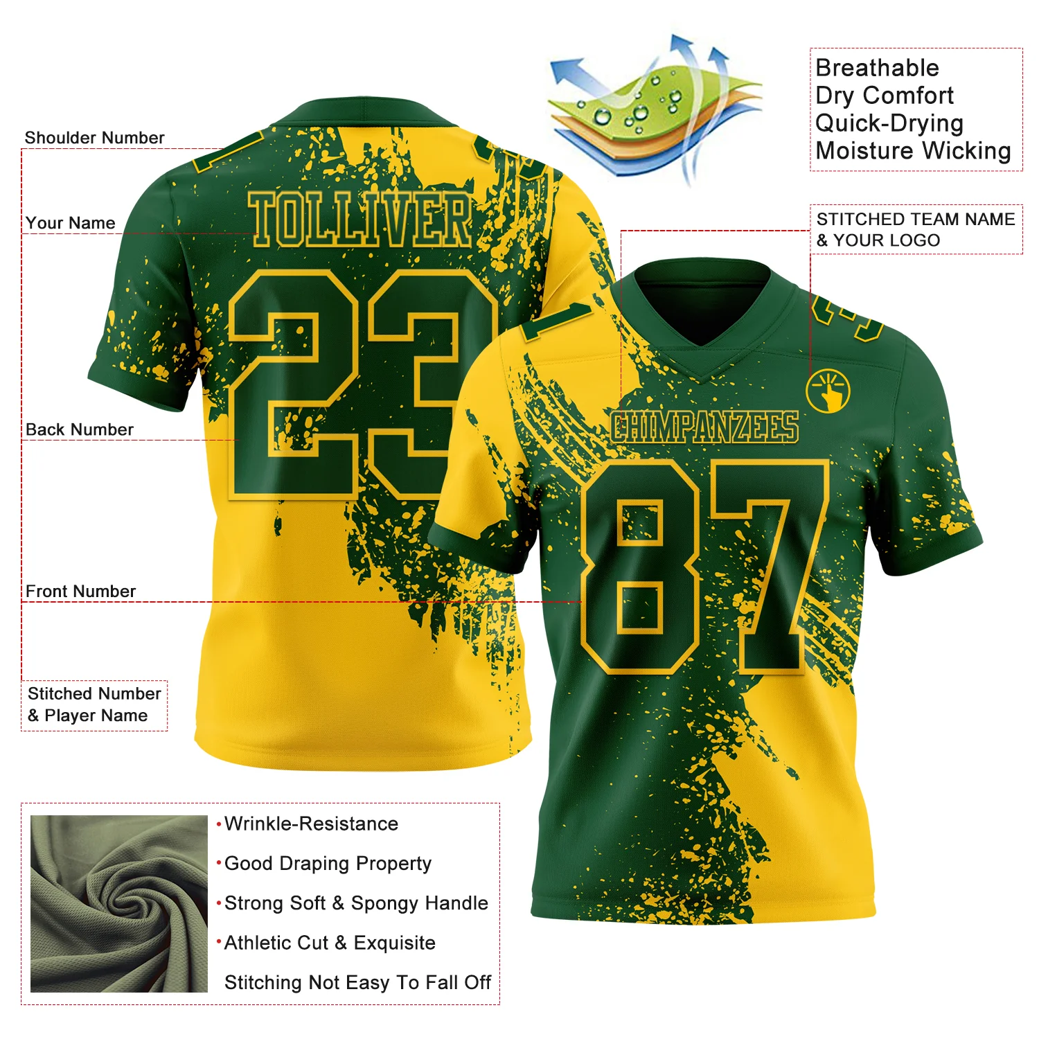 Custom Green Yellow 3D Pattern Abstract Brush Stroke Authentic Football Jersey