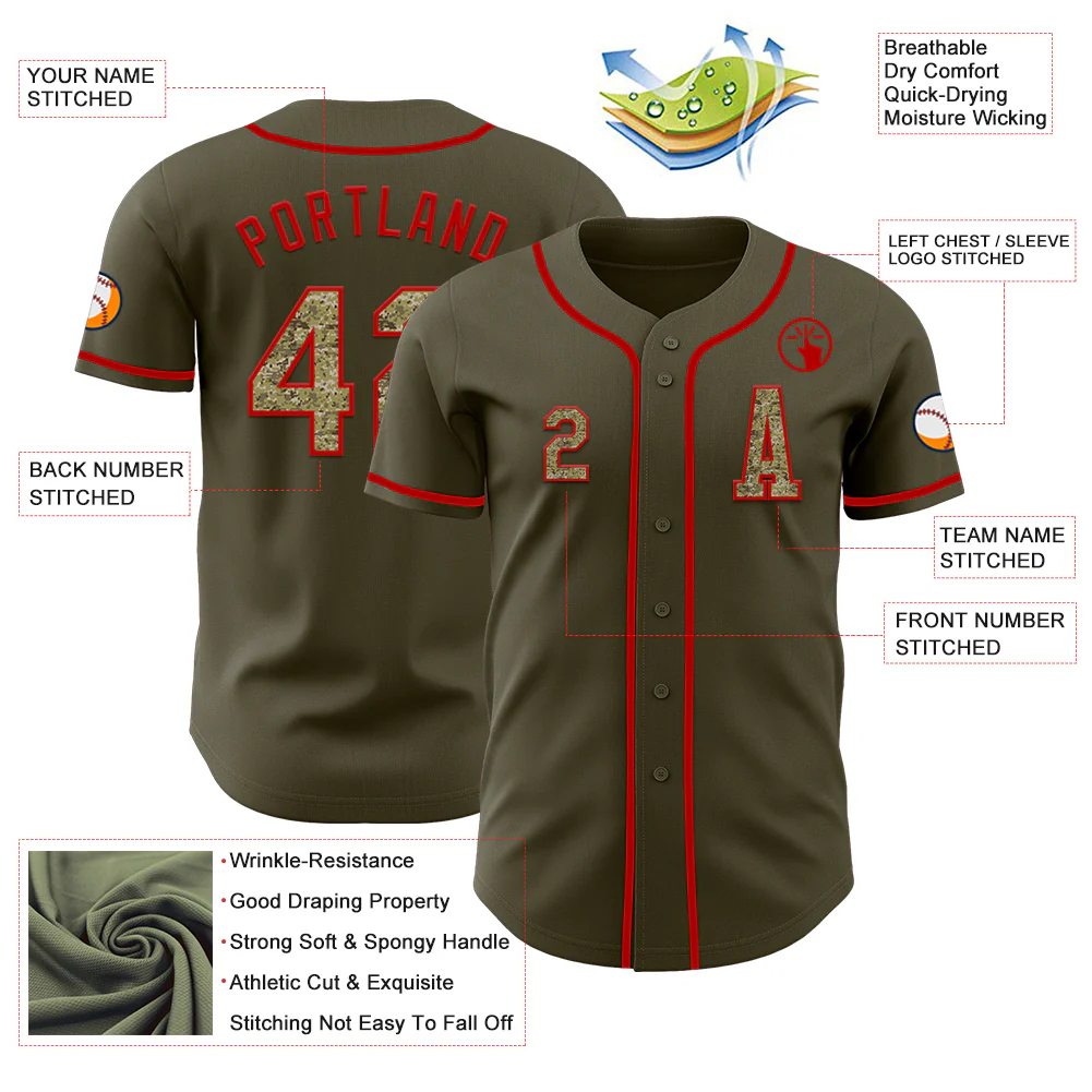 Custom Olive Camo-Red Authentic Salute To Service Baseball Jersey