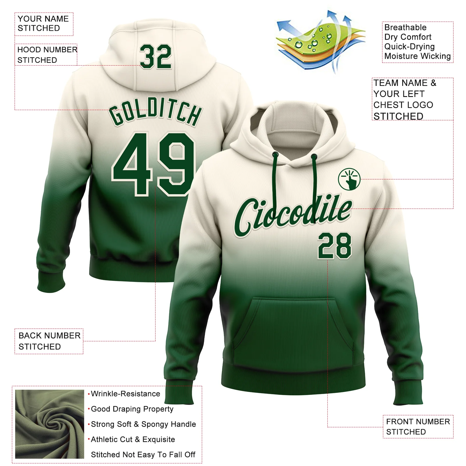 Custom Stitched Cream Green Fade Fashion Sports Pullover Sweatshirt Hoodie
