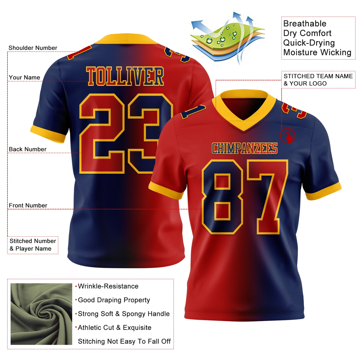 Custom Navy Red-Gold Authentic Gradient Fashion Football Jersey