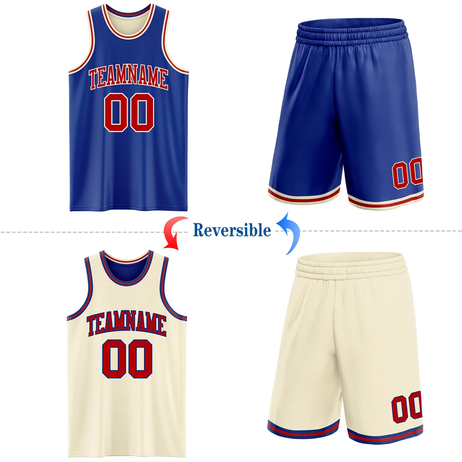 Custom Reversible Royal Red-Cream Double Side Sublimation Basketball Suit Jersey