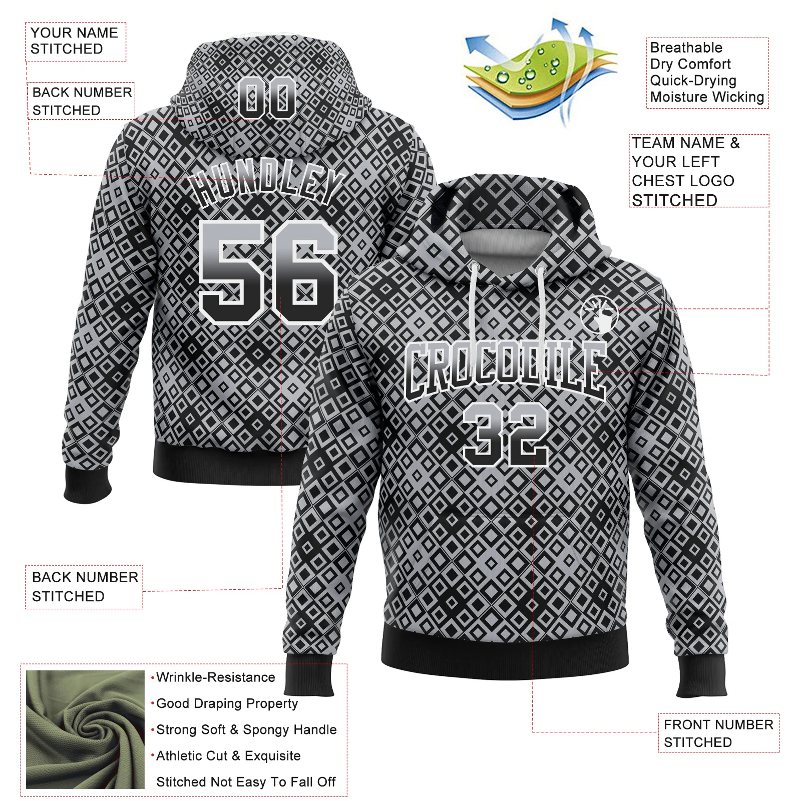 Custom Stitched Gray Black-White 3D Pattern Design Geometric Gradient Square Shapes Sports Pullover Sweatshirt Hoodie