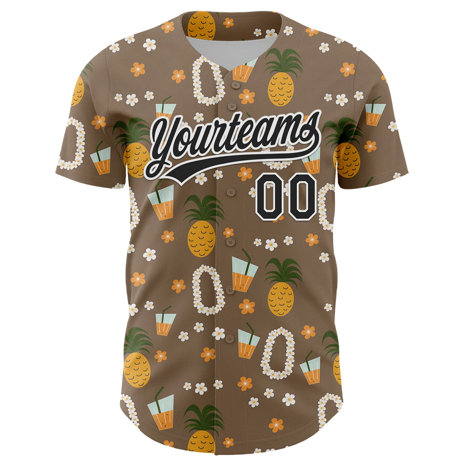 Custom Brown Black-White 3D Hawaii Flower And Fruit Pineapple Authentic Baseball Jersey