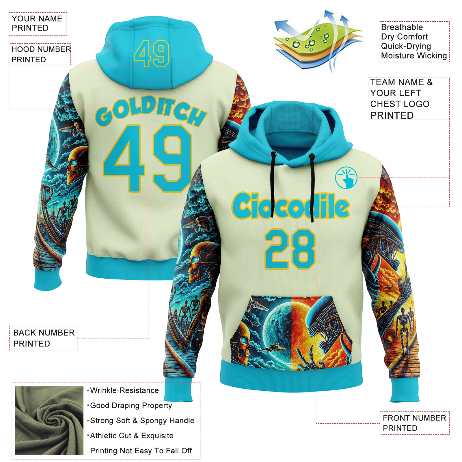 Custom Green Lakes Blue-Yellow 3D Skull Alien Sports Pullover Sweatshirt Hoodie