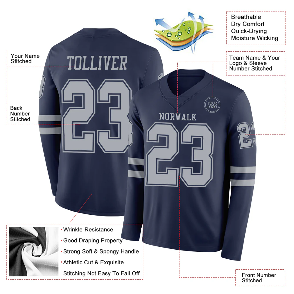 Custom Navy Gray Long Sleeve Authentic Football Jersey