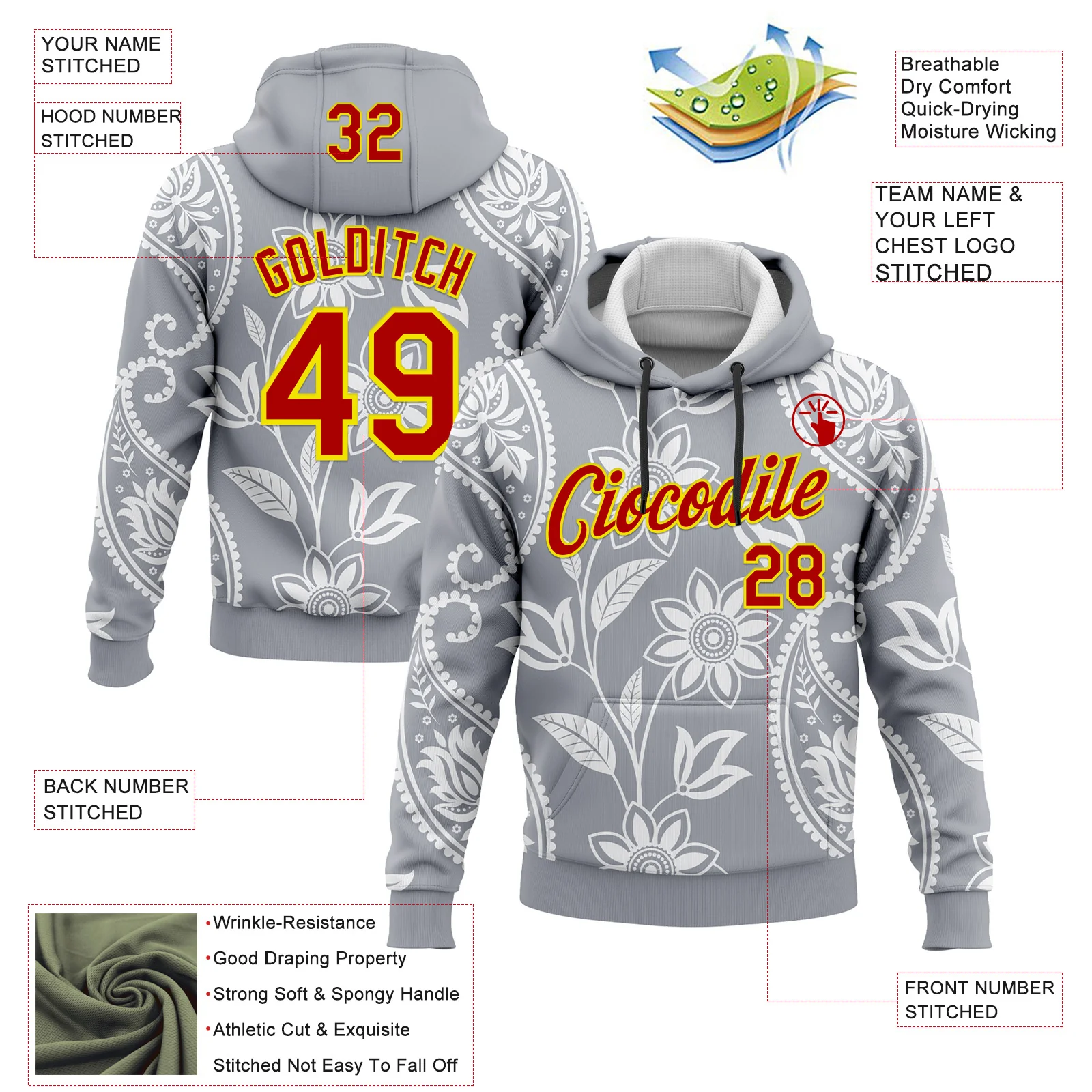 Custom Stitched Gray Red-Light Yellow 3D Pattern Design Ethnic Paisley Floral Bandana Sports Pullover Sweatshirt Hoodie