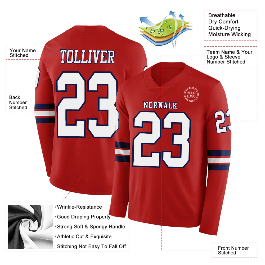 Custom Red White-Navy Long Sleeve Authentic Football Jersey