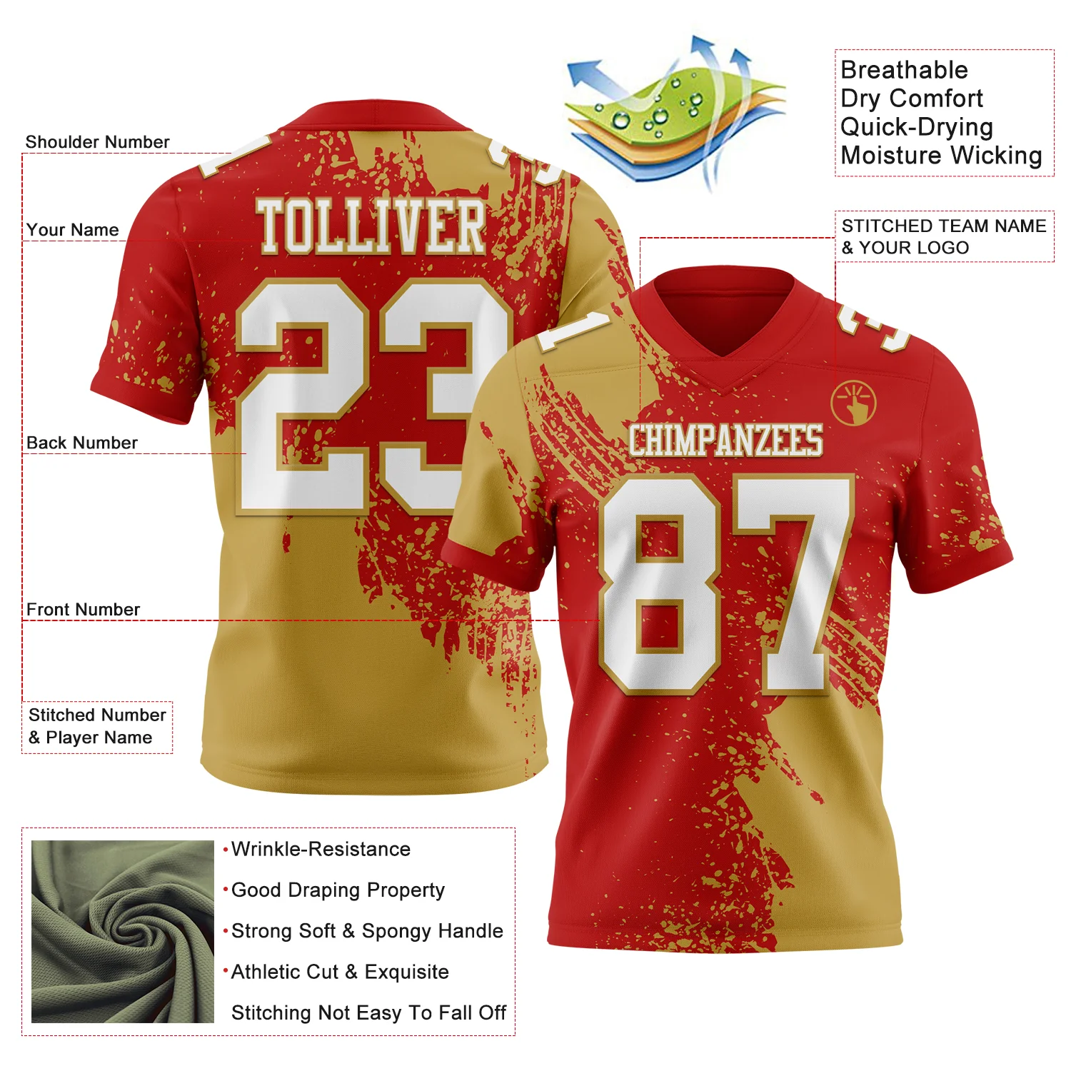 Custom Red White-Old Gold 3D Pattern Abstract Brush Stroke Authentic Football Jersey