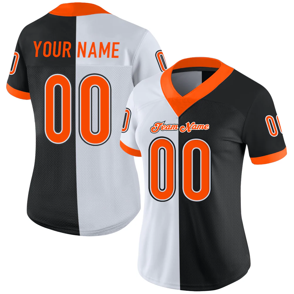 Custom Black Orange-White Split Fashion Football Jersey