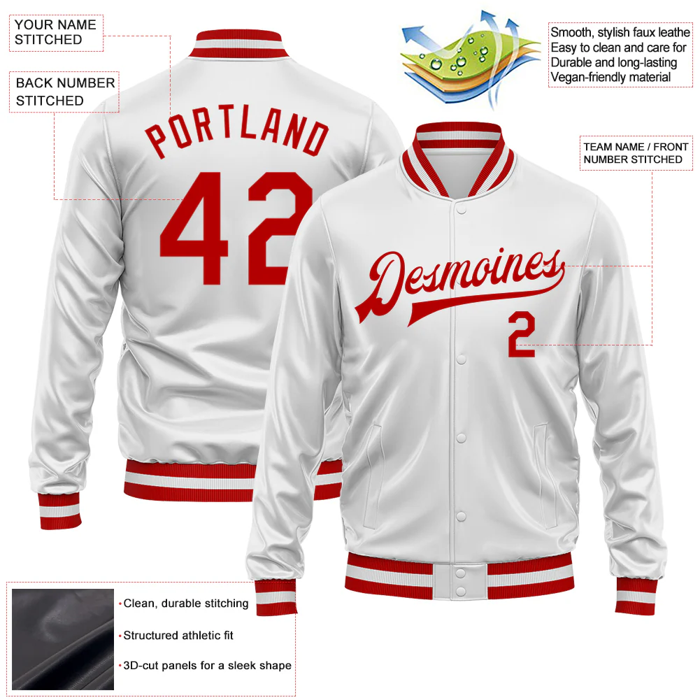 Custom White Red Bomber Full-Snap Varsity Faux Leather Letterman Jacket
