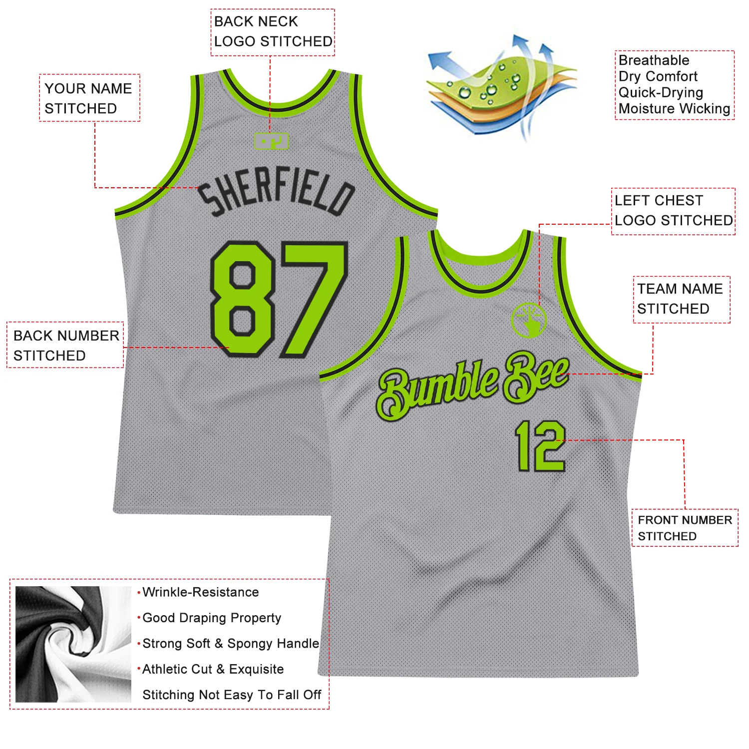 Custom Gray Neon Green-Black Authentic Throwback Basketball Jersey